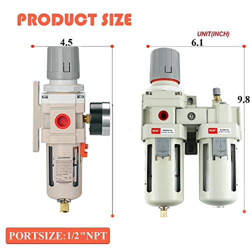 RIH Pneumatics 1/2" NPT Compressed Air Filter Regulator Lubricator Combo Water/Oil Trap Separator - Gauge(0-150 psi), Semi-Auto Drain, Poly Bowl,Bracket - 3 in 1 Two Unit (1/2" NPT) - size: 1/2" NPT