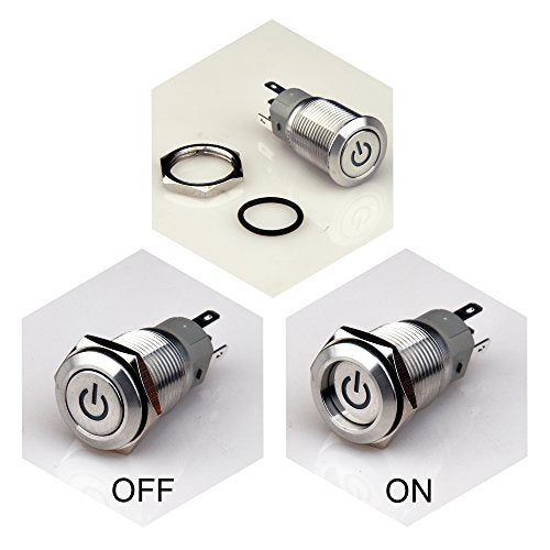 Latching Push Button Switch U16F5 1NO1NC SPDT ON/Off Silver Stainless Steel Shell with Red Power Symbol LED Suitable for 16mm 5/8" Mounting Hole (Red) - color: Silver with Red LED