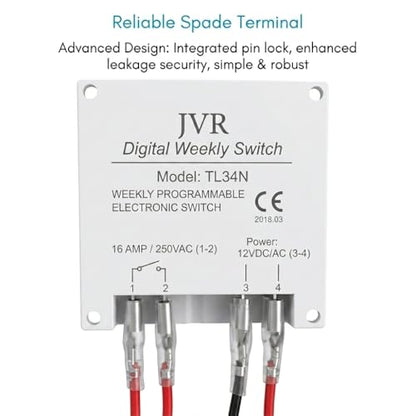 JVR 12V Timer Switch - Programmable DC/AC/Solar Relay, 16 Schedules