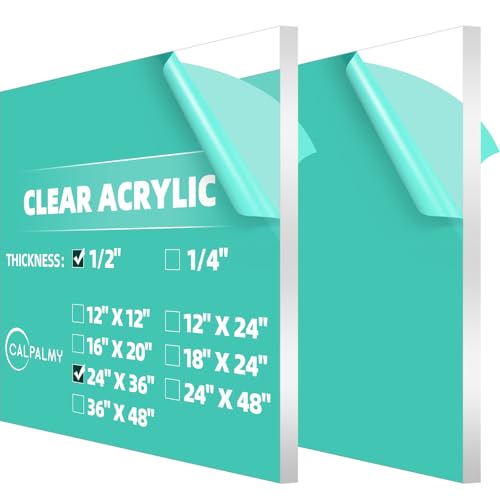 CALPALMY (2 Pack) 1/2" Thick Clear Acrylic Sheets 24" x 36", Pre-Cut Plexiglass Sheets for Craft Projects, Acrylic Signs, Display Cases or Shelving and More - Easy to Cut with Power Saw etc - color: Clear, size: 24x36", 1/2" Thick