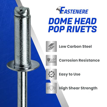 Fastenere Pop Rivets - 1/8" x 1/8" (100 pcs) Heavy Duty, Open-End, Low Carbon Steel, Dome-Head Blind Rivets, Corrosion-Resistant & High Shear Strength, 4-2 Gap 0.063"-0.125" - size: 1/8" x 1/8" (4-2) (100 Pack)