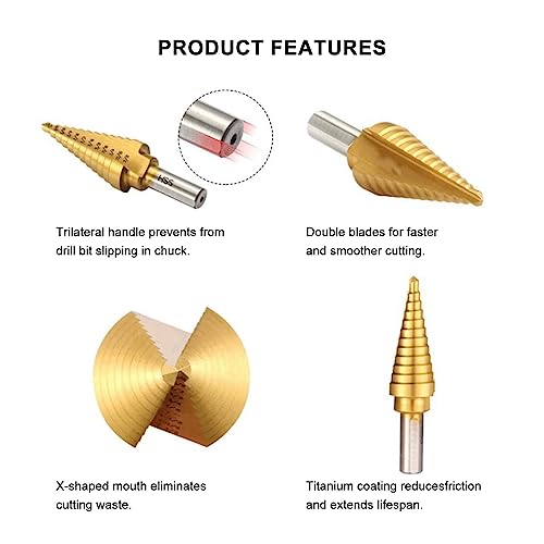 6pcs Step Drill Bit Set, 5 Titanium Coated Hss Step Bit & Automatic Center Punch Unibit, 50 Sizes Step Drill for Multiple Hole Drill with Aluminum Case for DIY Lovers and Home Use
