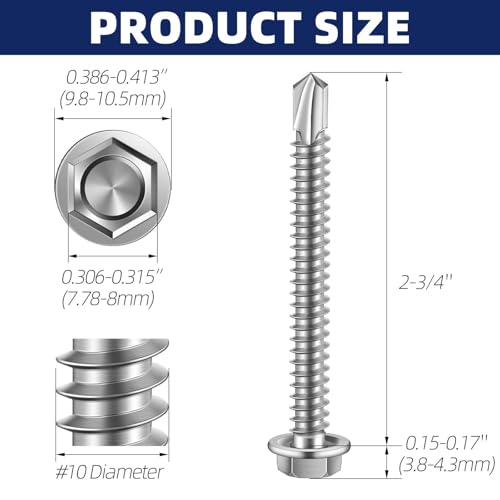 #10 x 2-3/4" Hex Washer Head Self Drilling Sheet Metal Screws with Drill Point, 410 Stainless Steel Self Tapping Screws for Metal, 50 PCS - color: Silver, size: #10 x 2-3/4"
