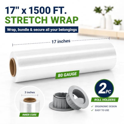 Stretch Film Shrink Wrap 17" x 1500 FT, 2 Rolls, 80 Gauge - size: 17IN-Clear-2 Rolls