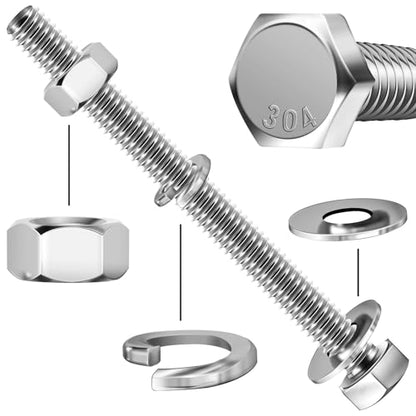 Mywish (5 Sets) 3/8-16x4 Hex Head Assorted Screws Nuts and Bolts with Flat & Lock Washers, 304 Stainless Steel 18-8, Fully Threaded, 3/8 Bolt Metric Bolt Assortment - size: 3/8-16 x 4 (5 set)