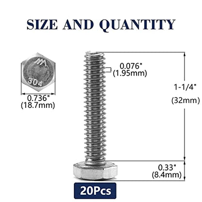 1/2-13 x 1-1/4" Hex Head Screw Bolt, 20Pcs 18-8 (304) Stainless Steel, Fully Threaded, Plain Finish, by SG TZH - size: 1/2-13 x 1-1/4"
