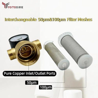 Spin Down Sediment Water Filter System with Pressure Gauge, 50&100 Micron Stainless Steel filter Mesh Pre-Filter for City/Well Water, 1" MNPT & 3/4" FNPT/MNPT Ports, Easy Backwash Cleaning
