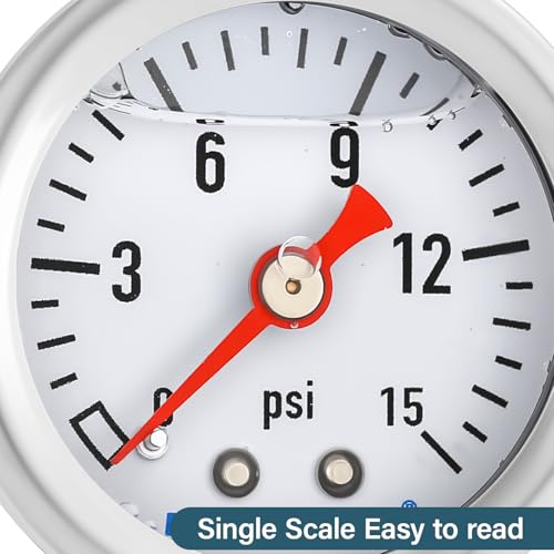 MEASUREMAN 0-15 Psi Glycerin Filled Fuel Pressure Gauge, 1.5” Dial, 304 Stainless Steel Case, 1/8” NPT Lower Mount, with 3/8” Fuel Line Adapter, Copper Tube & Fittings, Red Aluminum Pointer - size: 0-15 psi, style: Lower Mount (7 Pieces Kit)