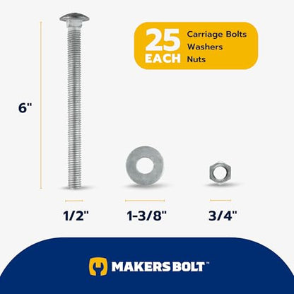 1/2" x 6" (25 Pack) Galvanized Carriage Bolt Kit Grade 307A Includes 1/2" USS Flat Washers (25 pcs) and 1/2"-13 Hex Nuts (25 pcs), Hot Dip Galvanized for Exterior Use by Makers Bolt - size: 1/2 x 6