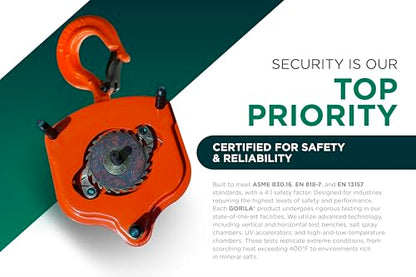 GORILA Hand Chain Hoist 1100LBS 10FT (0,5 Ton 3 Meters) with 2 Heavy Duty Hooks and Forged Locks | Safety Factor 4:1 | Since 1989 - size: 1100lbs - 10ft / 0,5t - 3m