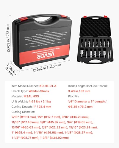 VEVOR Annular Cutter Set, 16 pcs Weldon Shank Mag Drill Bits Kit, 1" Cutting Depth, 7/16" to 1-3/8" Cutting Diameter, HSS, 14 Drill Bits with 2 Pilot Pins, Plastic Case, for Magnetic Drills, Steel - size: 7/16" - 1-3/8" * 1"