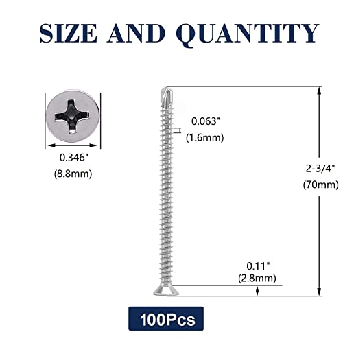 #10 x 2-3/4" Sheet Metal Screws 100Pcs 410 Stainless Steel Flat Head Tek Screws Fast Self Tapping Screws by SG TZH - size: #10 x 2-3/4"