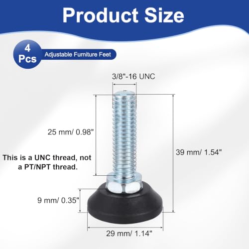 uxcell 3/8"-16 Thread Furniture Feet Levelers, 4Pcs 25mm l Adjustable Furniture Feet Screw in Threaded Leveling Leg Screw on Chair Foot Glides Leveling for Table Chair Cabinet Black - size: 3/8"-16 25mm