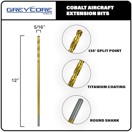 Greycore Tools 5/16 Inch x 12 Inch Cobalt Aircraft Extension Bit – M35 Cobalt Drill Bit, Industrial Titanium Coating – Drill Bits for Steel, Hard Metal, Cast Iron, Wood, Plastic (5/16" x 12") - size: 5/16" x 12", style: 12" Length