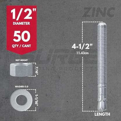 1/2" x 4-1/2" Zinc-Plated Wedge Anchors for Concrete & Cement (Box of 50) - size: 1/2" X 4-1/2"