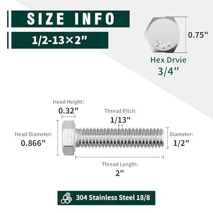 (5 Sets) 1/2-13 x 2 Hex Bolt and Nut Kit, 304 Stainless Steel (18-8), Fully Threaded, Flat & Lock Washers Included - size: 1/2-13 x 2"