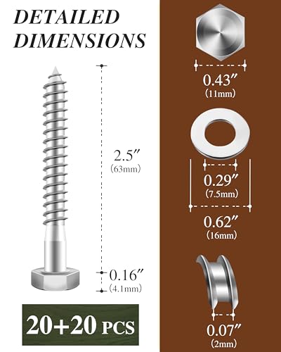 (2Box) 1/4" x 2-1/2" Hex Head Lag Screws Bolts with Flat Washers, 40Sets 304 Stainless Steel 18-8 Heavy Duty 1/4 Lag Bolts for Wood with Hex Socket - size: 1/4" x 2-1/2", style: 2-Box
