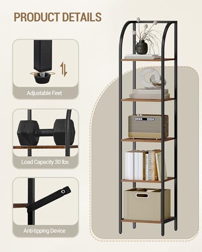 Hzuaneri Bookshelf Narrow Bookcase, Tall Storage Rack with Steel Frame - color: Rustic Brown, size: 13.2 × 11.8 × 59.2 inch