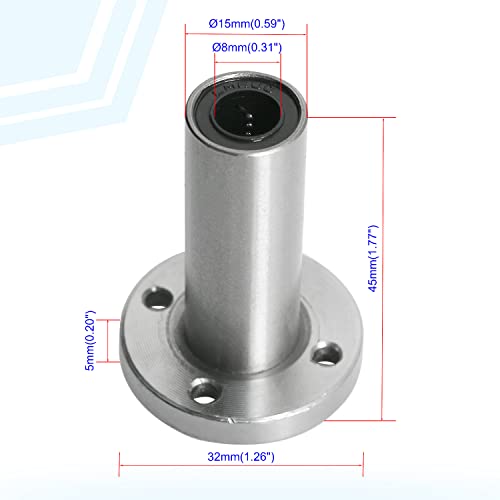 LMF8LUU Linear Ball Bearing Round Flange, ID 8mm, OD 15mm Linear Motion Ball Bearings Sae52100 Carbon Steel, 4 Rows of Steel Balls, Great for CNC, 3D Printer, Linear Rail Guide 2 PCS - size: LMF8LUU