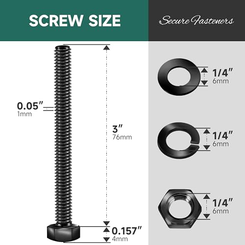 1/4-20 x 3 Hex Head Bolts Screws with Nuts, Flat & Lock Washers, 304 Stainless Steel Bolts and Nuts External Hex Drive Black Oxided 1/4 Bolt (10Sets) - color: Black, size: 1/4 x 3"