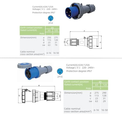 1Set 125A 3Pin Male+Female Connector,(Compatible with 100amp),Industrial Waterproof Receptacle, IP67 Industrial Plug&Socket,Cable Coupling Connector,IEC60309 220V-250V 2P+E 6H - style: 3Pin Connector Set