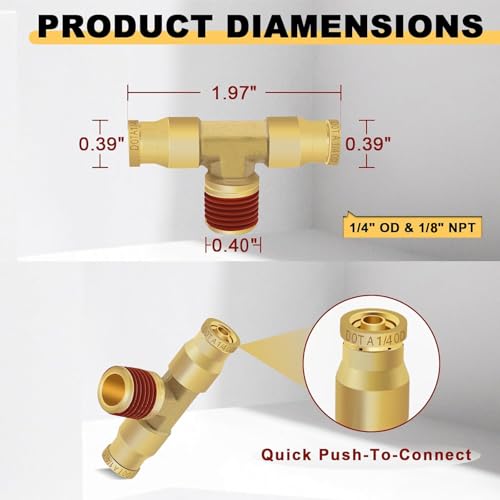 Siptenk 1/4"OD Tube x 1/8"NPT Thread Tee Brass Push to Connect Fittings - color: 1/4" OD & 1/8" NPT Tee