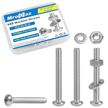8 Sets 1/4-20 x 2 Pan Head Machine Screws Nuts Washers Assortment Kit - size: 1/4-20 x 2"