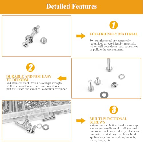 555 Pieces M3 Screws Nuts Washers Set, Sutemribor M3 x 6/8/10/12/16/20/25mm Button Head Socket Cap Screws Nuts Washers Assortment Kit, 304 Stainless Steel, Fully Threaded - size: M3 Screws Kit, style: Button Head