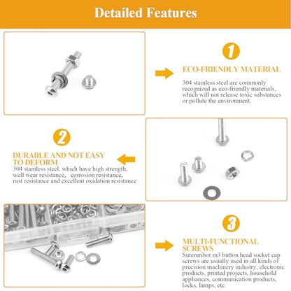 555 Pieces M3 Screws Nuts Washers Set, Sutemribor M3 x 6/8/10/12/16/20/25mm Button Head Socket Cap Screws Nuts Washers Assortment Kit, 304 Stainless Steel, Fully Threaded - size: M3 Screws Kit, style: Button Head