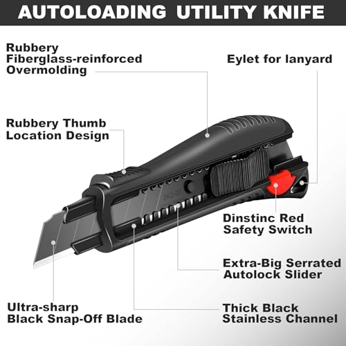 HAUTMEC 18mm Soft Grip Auto-Lock Utility Knife With Red Safety Switch, Sturdy Cutter with Ultra Sharp Black Snap-off Blade HT0081-4PC - style: 18mm Knife-4PCS