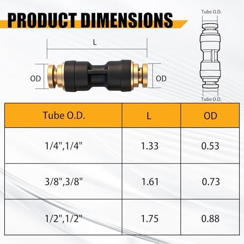 1/2" DOT Air Brake Line Union Coupler 4 Pack, 1/2" Tube OD PTC/PTCR & Brass Push to Connect Straight Fittings for Truck Trailer Air Systems - size: 1/2" Tube OD