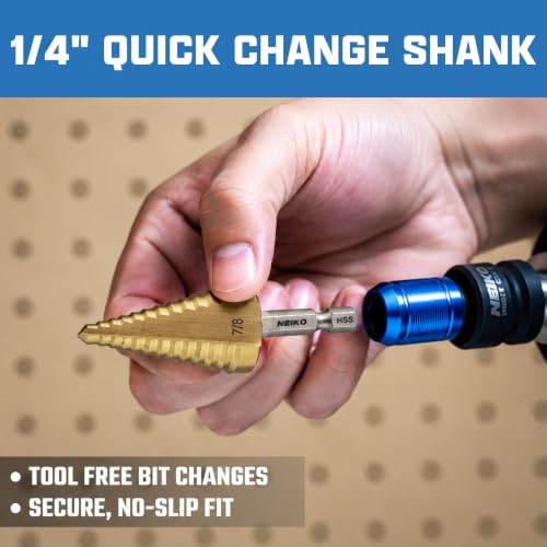 NEIKO 10620A Step Drill Bit, 1 Step 7/8" Straight High Speed Steel, Titanium Nitride Coated, 1/4" Quick Change Step Bits for Steel, Metal, Wood, Plastic, Unibit Cone Drill Bits, Two Flute - size: #7 (7/8", 1S), style: Straight