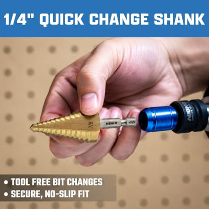 NEIKO 10620A Step Drill Bit, 1 Step 7/8" Straight High Speed Steel, Titanium Nitride Coated, 1/4" Quick Change Step Bits for Steel, Metal, Wood, Plastic, Unibit Cone Drill Bits, Two Flute - size: #7 (7/8", 1S), style: Straight
