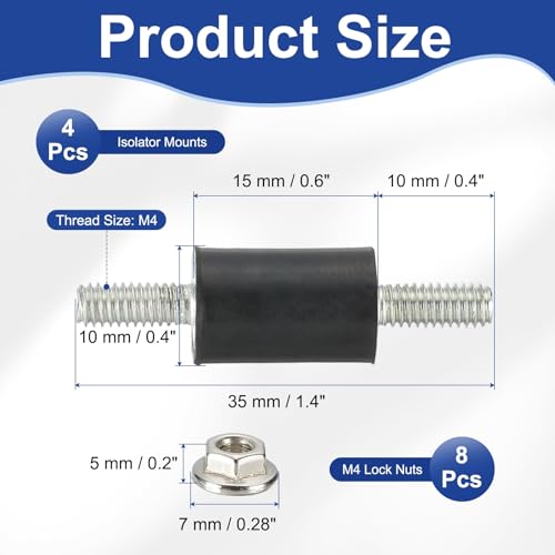 PATIKIL M4 10x15mm Rubber Isolator Mounts, 4 Pcs Rubber Studs Shock Absorber Anti-Vibration Isolation Damping Mounts with Lock Nuts for Motor, Air Compressor, Engines (35mm Height) - size: M4-10x15x35mm