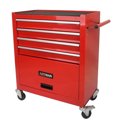 Red 4-Drawer Tool Cart w/Ball Bearing Drawers & Locking Casters - OSHA Industrial Rolling Cabinet, Powder-Coated Steel Garage Organizer w/Utility Tray - color: Red, size: 24.25 x 13 x 29.33