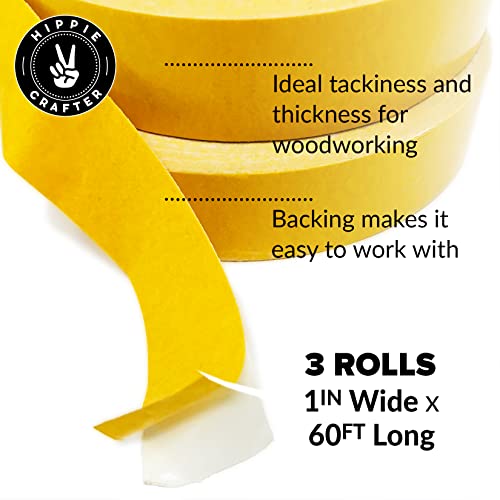 HIPPIE CRAFTER 3 Pack Double Sided Tape for Woodworking, 1 Inch Wide Heavy Duty Woodworking Tape for CNC Machines and Routing Templates, 60 Feet Each,180ft Total - color: Yellow Double Sided Tape