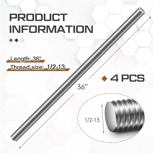 Blulu 4 Pcs 1/2"-13 Fully Threaded Rod, 36" Length - size: 1/2"-13 x 36"