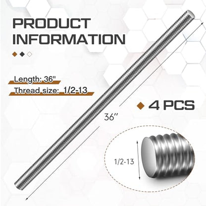 Blulu 4 Pcs 1/2"-13 Fully Threaded Rod, 36" Length - size: 1/2"-13 x 36"