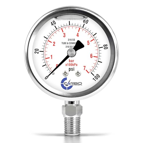 Carbo 100 PSI Liquid Filled Pressure Gauge with NIST Traceable Certificate, Calibrated in USA Lab, 2.5" Dial, 1/4 NPT Lower Mount, ASME Grade A, 316 SS Case, 316 SS Wetted Parts, PSI/Bar - size: 0-100 PSI, style: NIST TRACEABLE