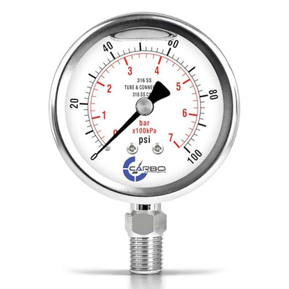 Carbo 100 PSI Liquid Filled Pressure Gauge with NIST Traceable Certificate, Calibrated in USA Lab, 2.5" Dial, 1/4 NPT Lower Mount, ASME Grade A, 316 SS Case, 316 SS Wetted Parts, PSI/Bar - size: 0-100 PSI, style: NIST TRACEABLE