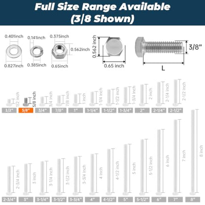 8 Sets Glvaner 3/8-16 x 5/8" Stainless Steel Hex Head Screws Bolts, Nuts, Flat & Lock Washers, 18-8 (304) Stainless Steel, Full Thread, Coarse Thread - size: 3/8-16 x 5/8"