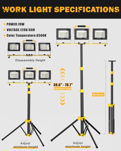 LED Work Light with Stand, 21000 Lumens Super Bright, 3-Head Adjustable Construction Light, IP66 Waterproof Foldable Tripod Work Light with 16.5FT Power Cord for Garage, Workshop, Construction Site