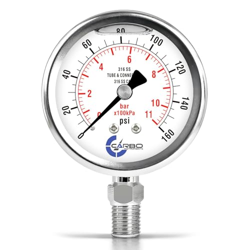 Carbo 160 PSI Liquid Filled Pressure Gauge with NIST Traceable Certificate, Calibrated in USA Lab, 2.5" Dial, 1/4 NPT Lower Mount, ASME Grade A, 316 SS Case, 316 SS Wetted Parts, PSI/Bar - size: 0-160 PSI, style: NIST TRACEABLE