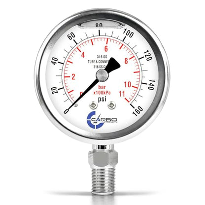 Carbo 160 PSI Liquid Filled Pressure Gauge with NIST Traceable Certificate, Calibrated in USA Lab, 2.5" Dial, 1/4 NPT Lower Mount, ASME Grade A, 316 SS Case, 316 SS Wetted Parts, PSI/Bar - size: 0-160 PSI, style: NIST TRACEABLE