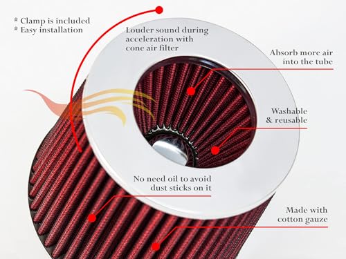 Rtunes Racing 3.5-Inch 89mm Truck Dry Cone Air Filter, Red, 8-Inch Tall - size: Truck 3.5"