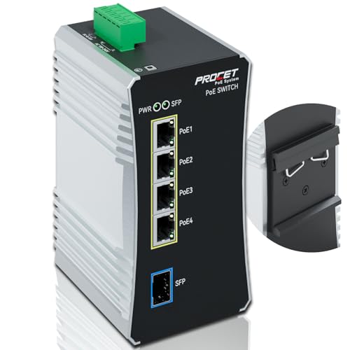 PROCET Gigabit PoE Switch 4-Port Din Rail, 90W/Port, Industrial PoE++ Fiber Media Converter with Wide Temp -40°F to 149°F, SFP Slot, AC/DC Input, IEEE802.3af/802.3at/802.3bt, PT-PIS4PB1S-AC