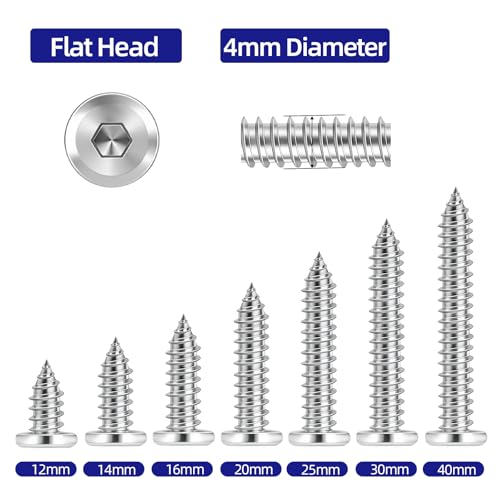 100-Piece M4 x 20mm Self-Tapping Screws - 304 Stainless Steel Flat Head Hex Socket Cap Screws with Drive Bit, for Wood and Thin Metal - color: Silver, size: M4 x 20mm