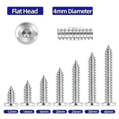100-Piece M4 x 20mm Self-Tapping Screws - 304 Stainless Steel Flat Head Hex Socket Cap Screws with Drive Bit, for Wood and Thin Metal - color: Silver, size: M4 x 20mm