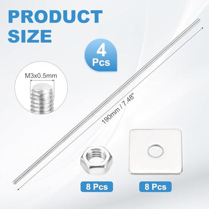 MECCANIXITY 4Set M3x190mm Fully Threaded Rod Threaded Rods Bar Studs - size: M3x190mm