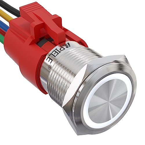 APIELE 19mm 0.74" 12V Latching White Angel Eye Halo Ring LED Metal Push Button Toggle Car Switch 1NO1NC SPDT with Wire Socket Plug - color: Silver Shell-White, size: Silver Shell
